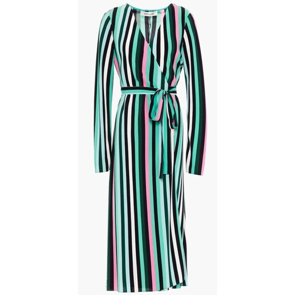 Diane Von Furstenberg Dress Size Medium M DVF Striped Wrap Dress Green Pink $398
